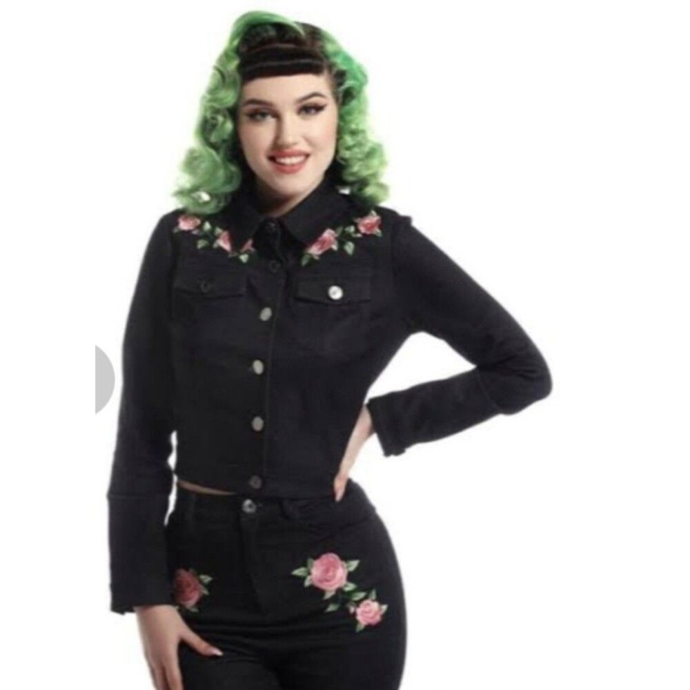 Collectif London Becca Rose Denim Jacket XL Dark Wash Pinup Embroidered (L04)